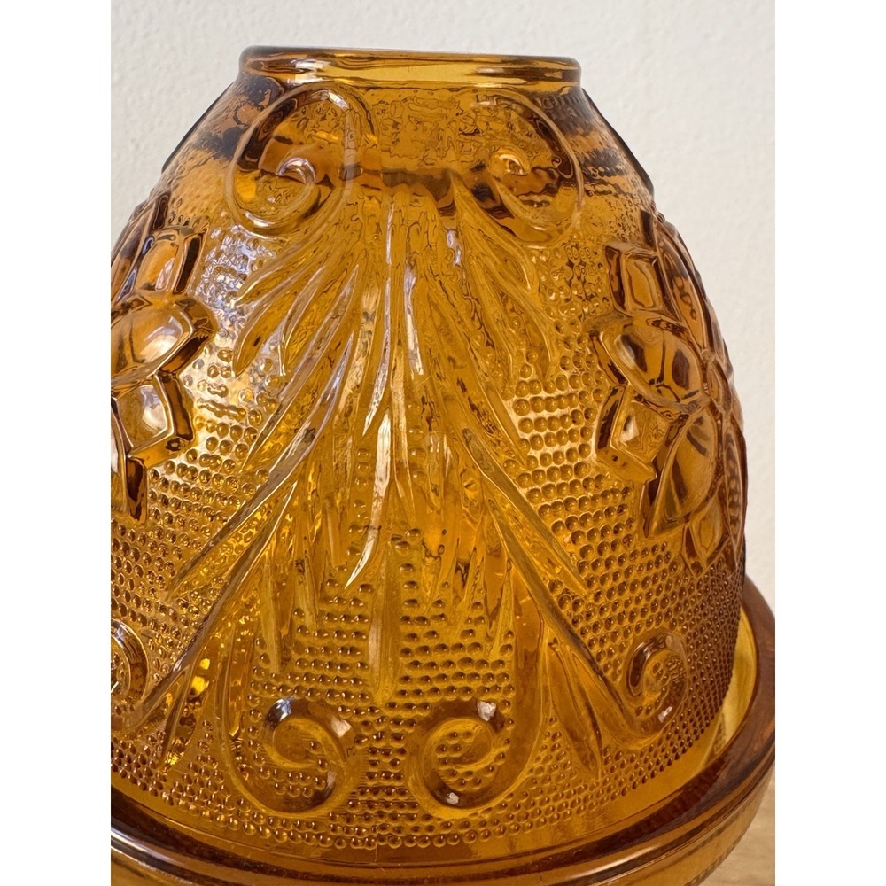 Tiara Indiana Glass Sandwich Pattern Amber Fairy Lamp Pedestal Candle Holder - Picture 2 of 13